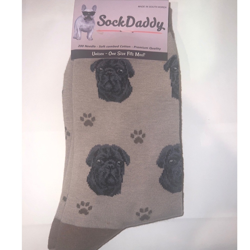 SockDaddy Pug Crew Socks Unisex‎ Black Pug OS Taupe Gray Dog Print